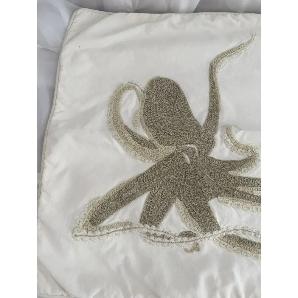 Pottery Barn OCTOPUS Embroidered Accent Pillow Beige Coastal Beachy 18 X 18”